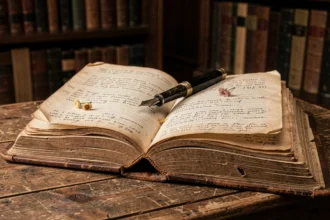 Vieux livre de poésie ouvert avec annotations manuscrites et plume vintage sur un bureau en bois, évoquant l'univers littéraire d'Arthur Rimbaud