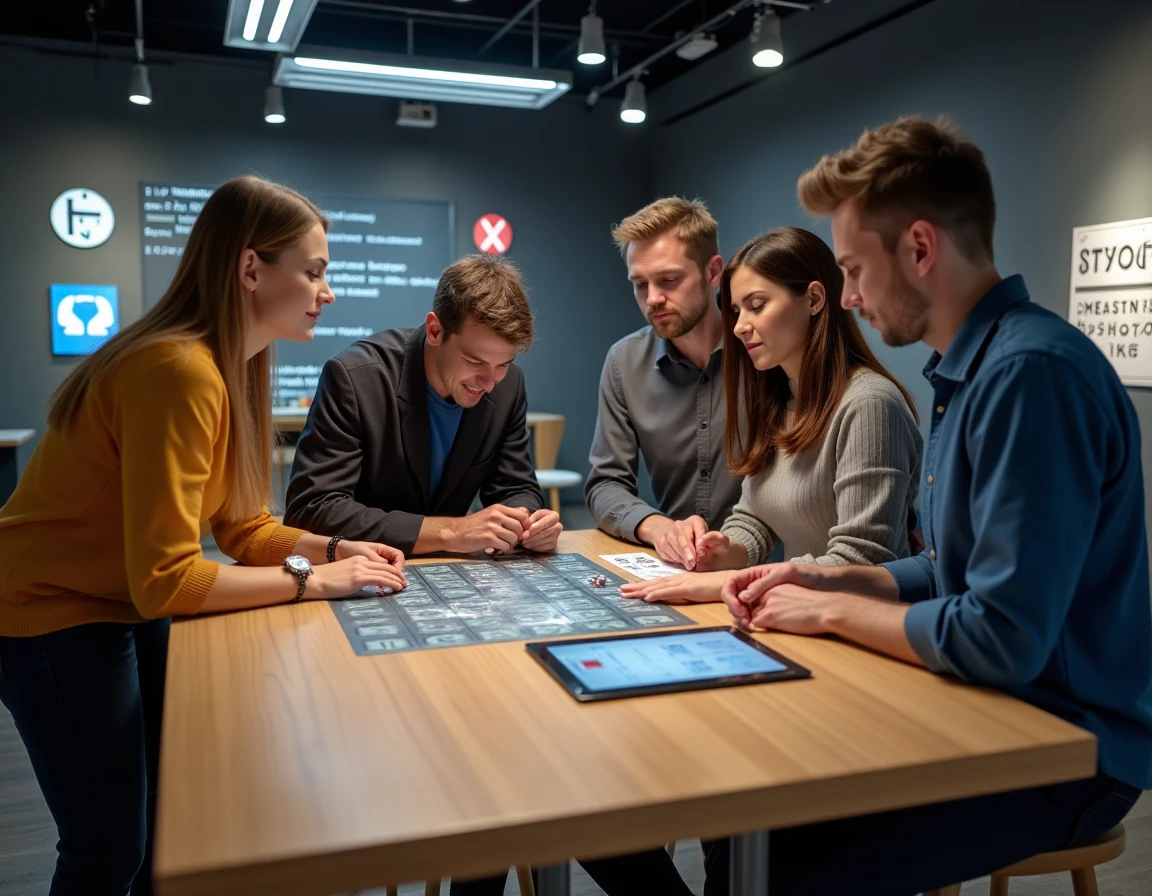 Groupe d'adultes en train de résoudre les énigmes d'un escape game contemporain chez Look at Escape Game