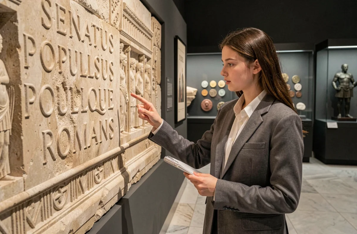 Lycéenne découvrant l'inscription SPQR dans un musée d'histoire romaine