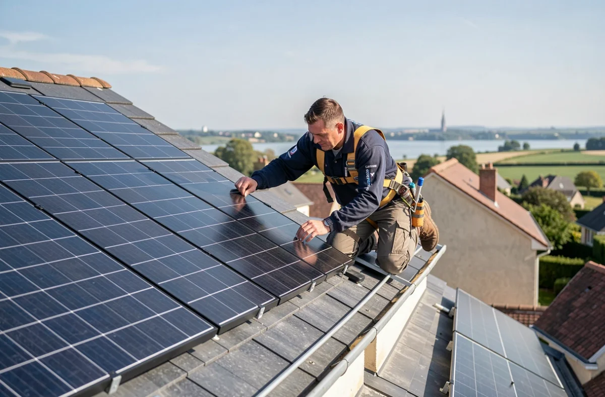 Technicien MA Solution Energy installant des panneaux photovoltaïques sur un toit à Tours