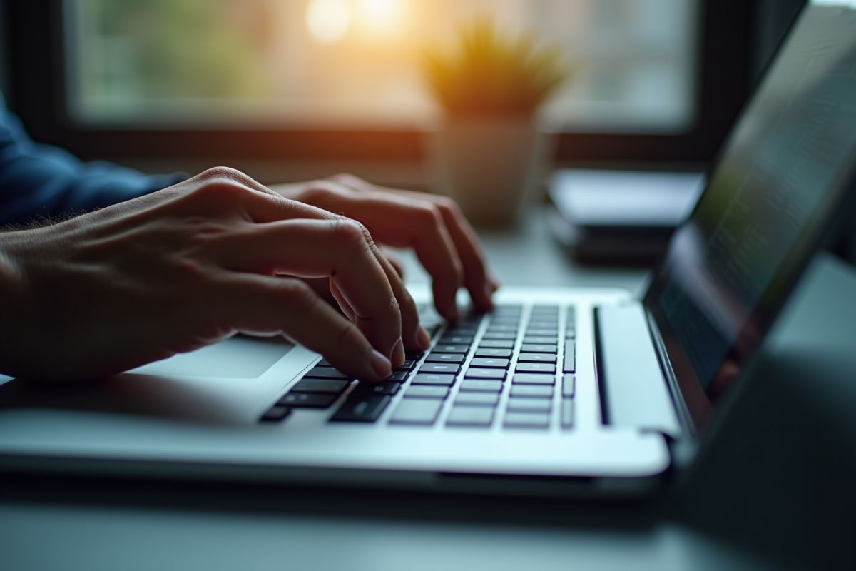 Mains tapant sur un clavier moderne bien éclairé