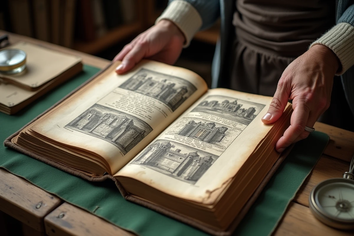 Mains de passionné feuilletant un ancien livre illustré sur les abbayes médiévales dans une salle d'archives