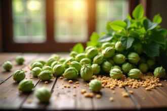 Grains de malt et houblons frais sur une table en bois