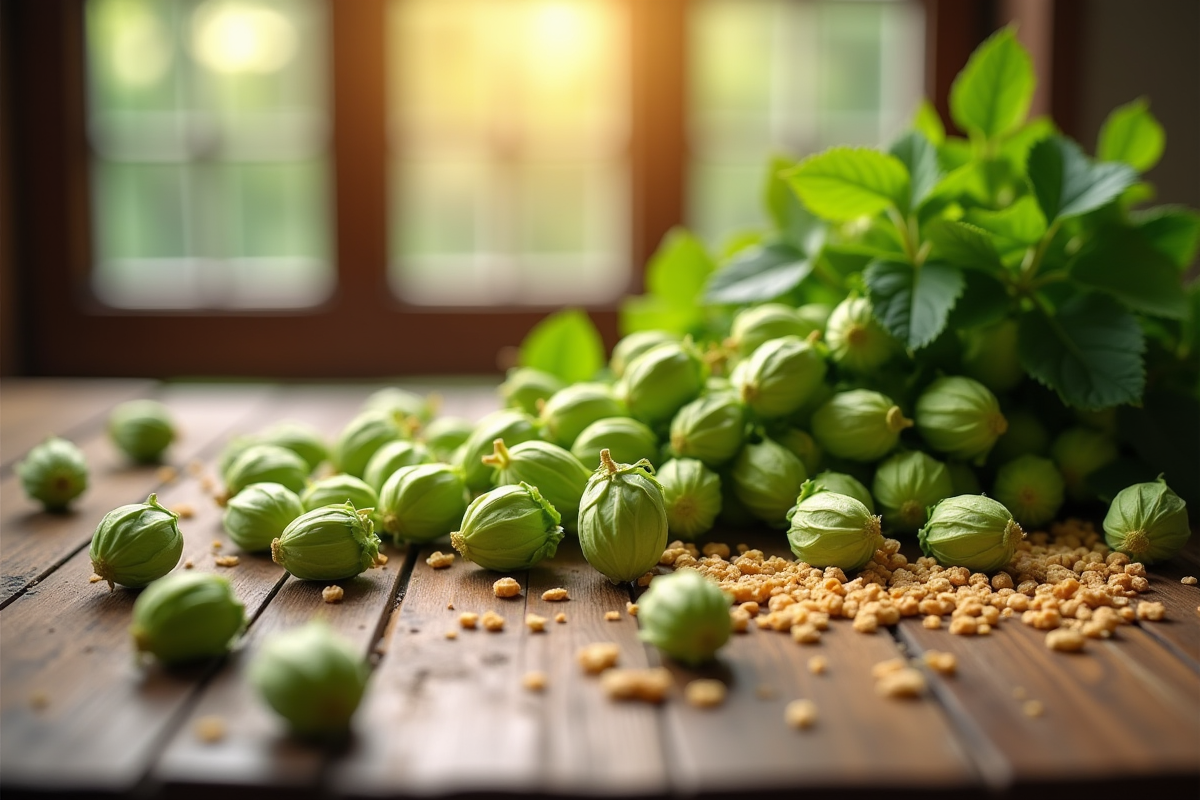 Grains de malt et houblons frais sur une table en bois