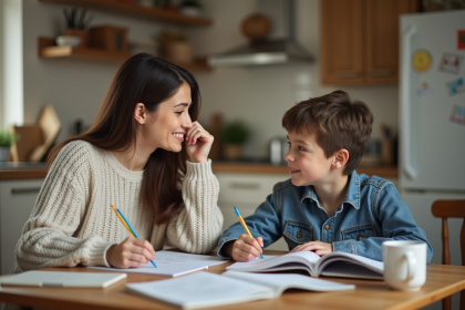 Femme et enfant discutant à la cuisine chaleureuse