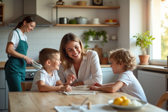 Maman souriante avec enfants dans une cuisine lumineuse