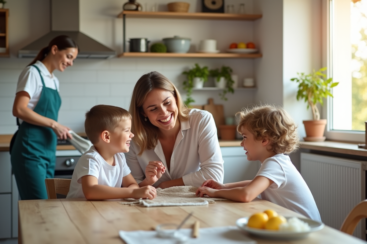 Maman souriante avec enfants dans une cuisine lumineuse