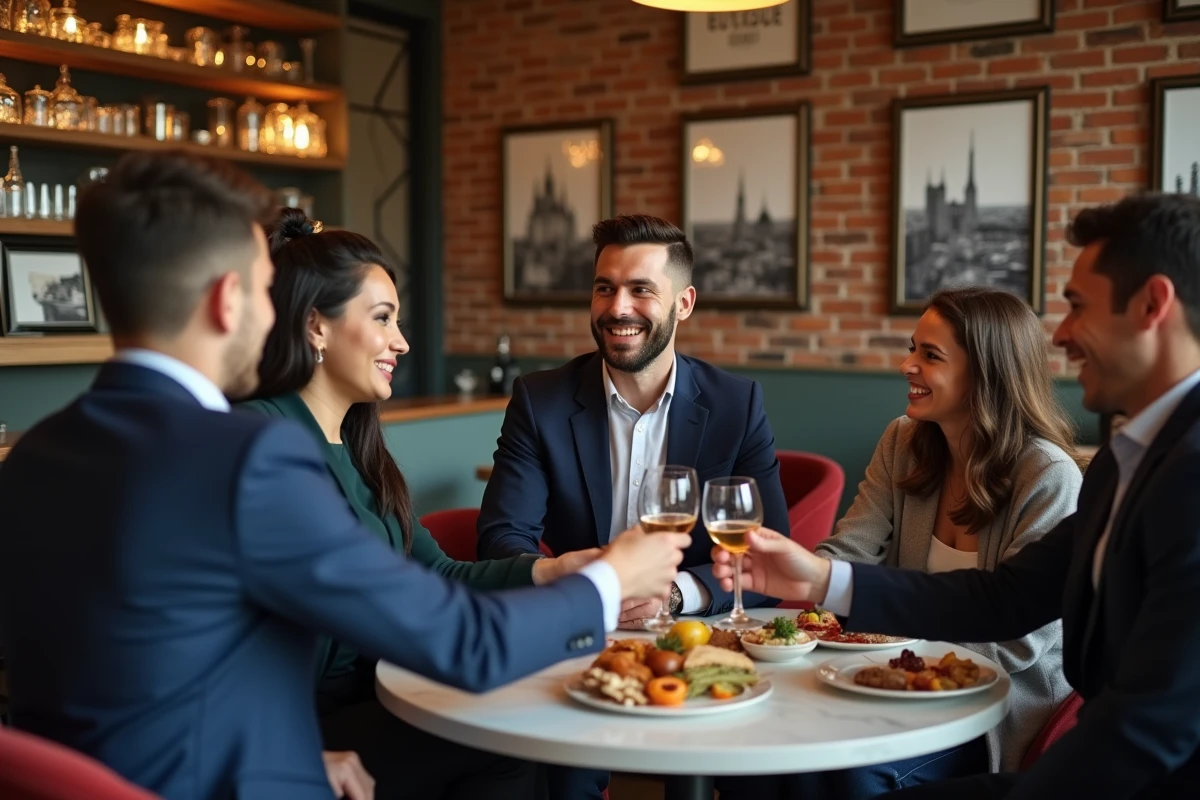 Manager souriant échangeant un toast avec son équipe dans un bar à Toulouse