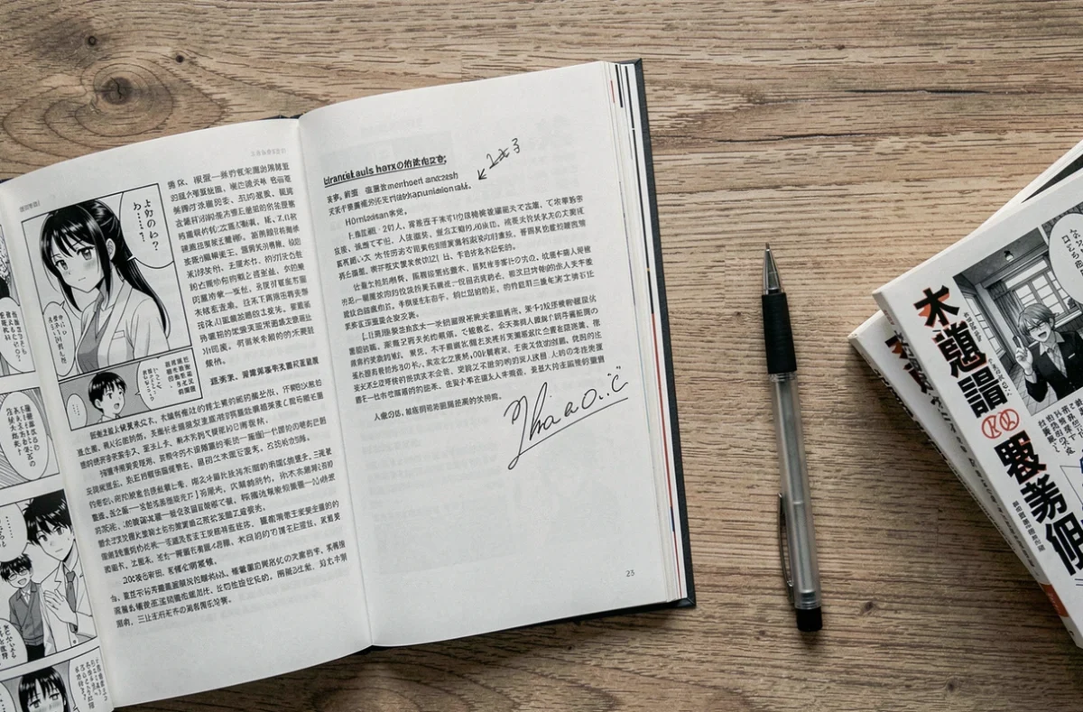Vue de dessus d'un bureau avec un manga ouvert et des documents juridiques annotés, symbolisant les questions de droits d'auteur et de propriété intellectuelle liées aux scans manga comme Epsilon Scan