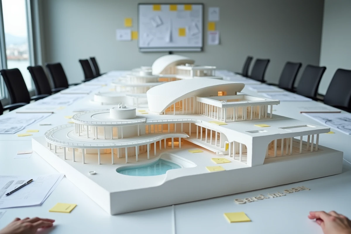 Maquette architecturale d'un futur complexe aquatique côtier présentée lors d'une réunion municipale au Touquet-Paris-Plage