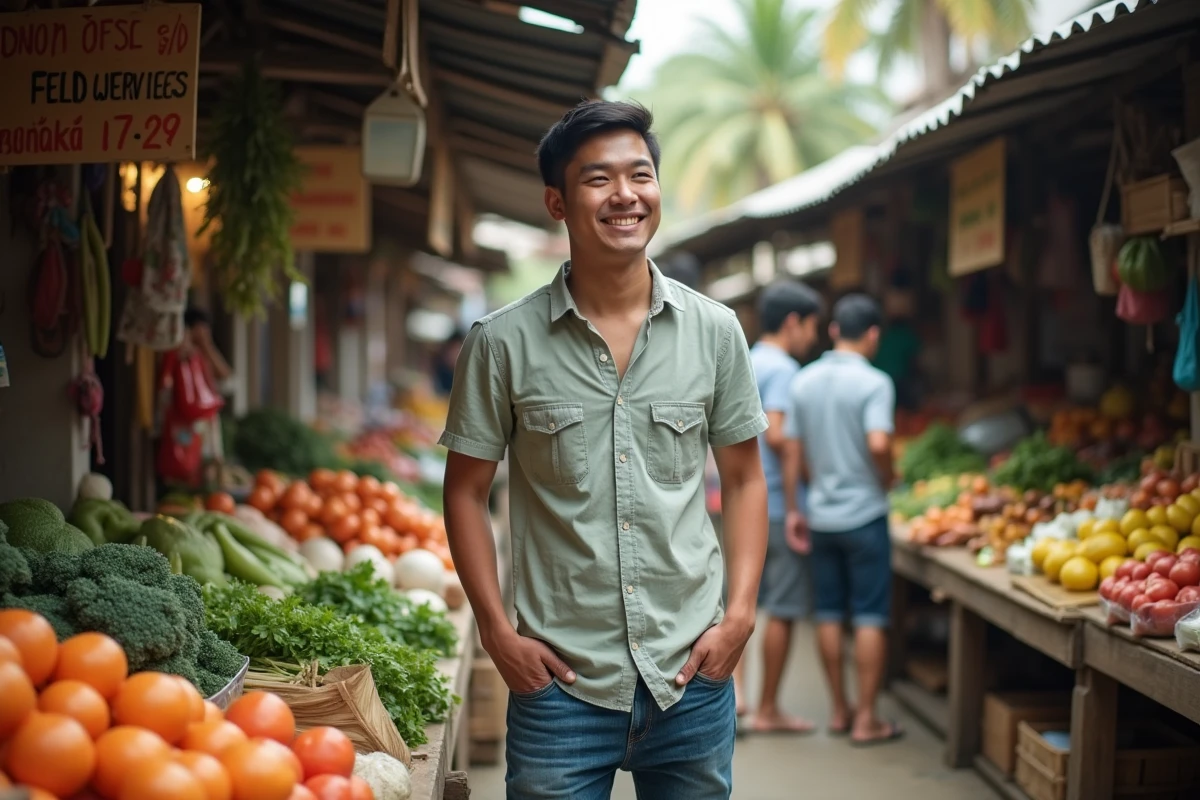 Jeune homme achetant des produits frais au marché asiatique