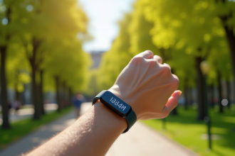 Personne marchant dans un parc urbain avec un tracker d'activité affichant 18000 pas