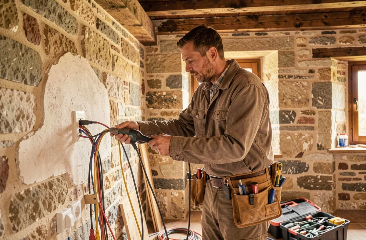 Artisan électricien Marzec Elec câblant une prise dans une maison en pierre en Indre-et-Loire