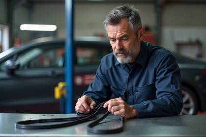 Mécanicien homme comparant deux bandes serpentine dans l'atelier