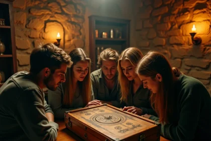Groupe d'adultes en train de résoudre des énigmes dans une salle d'escape game thématique en Indre-et-Loire