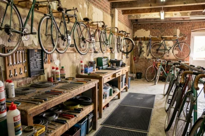 Atelier de réparation de vélos en Seine-Maritime avec des bicyclettes accrochées aux murs et un établi couvert d'outils