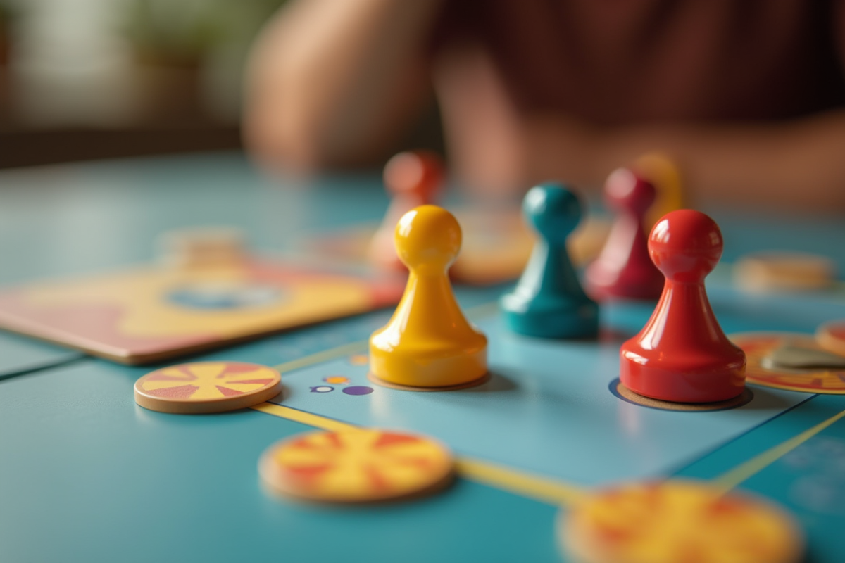 Zoom sur les cartes et jetons du Mille Bornes sur une table