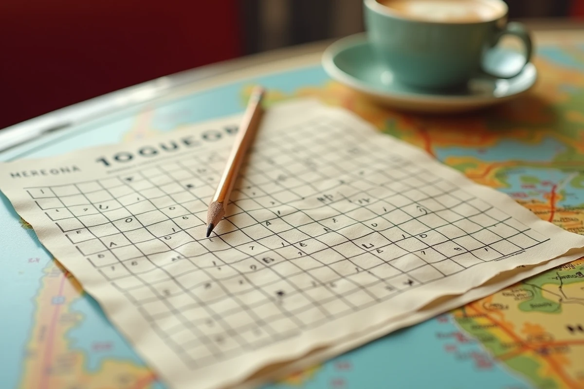 Grille de mots croisés sur un journal avec un crayon et une carte du Nevada posés sur une table de diner américain