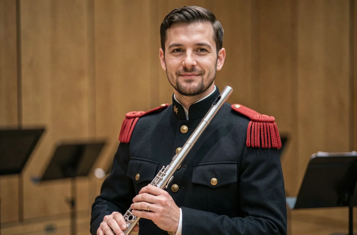 Portrait d'un musicien militaire français en uniforme tenant une flûte lors d'une répétition