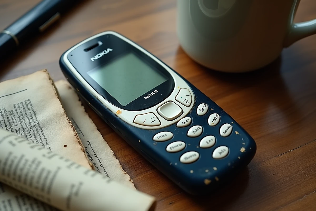 Nokia 3310 ancien modèle posé sur un bureau en bois usé avec un journal vintage et une tasse de café, esthétique rétro nostalgique