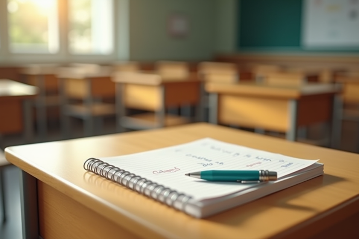 Note d'absence écrite sur un bureau scolaire ensoleillé