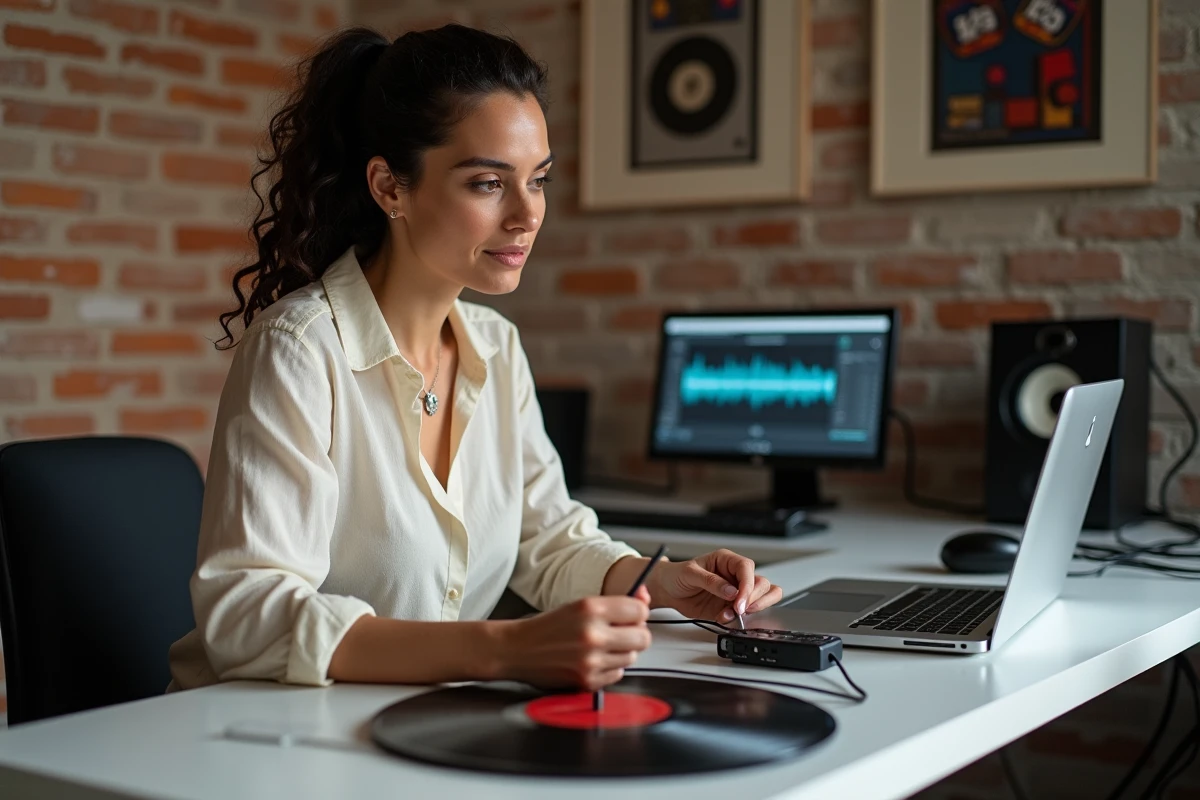 Une femme numérise des disques 78 tours sur un bureau avec une interface audio USB et un logiciel d'édition sonore