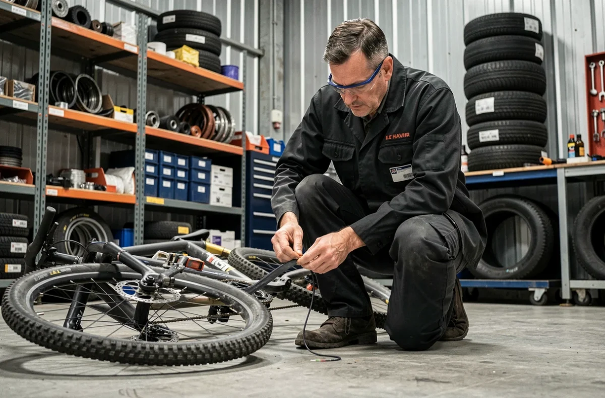 Technicien d'ODD Le Havre remplaçant une chambre à air sur un vélo de montagne dans l'atelier