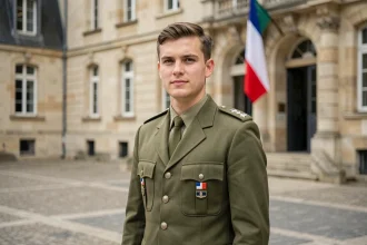 Jeune officier de l'armée de terre en uniforme devant une école militaire française, symbolisant la sortie d'école et le début de carrière