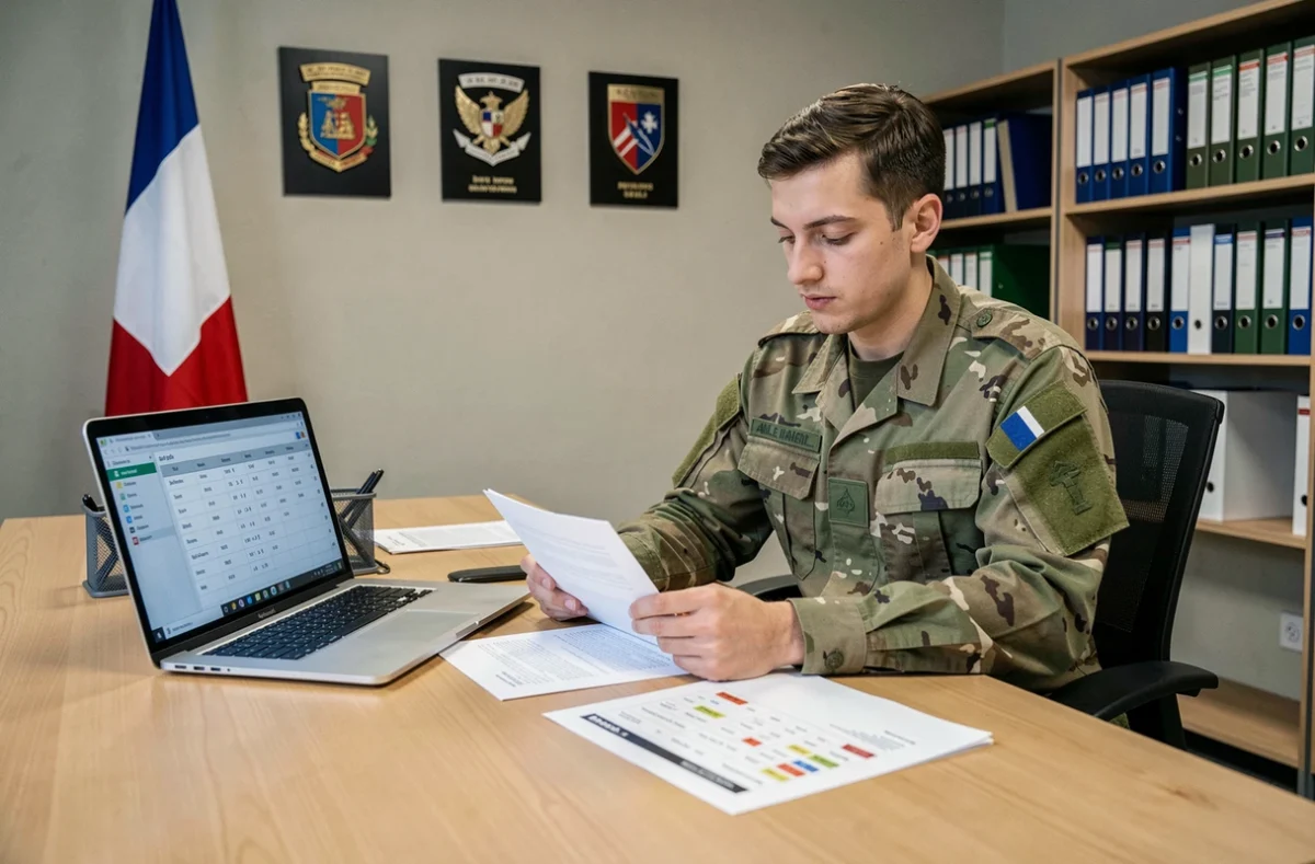 Officier de l'armée de terre consultant une grille indiciaire de rémunération dans un bureau administratif militaire