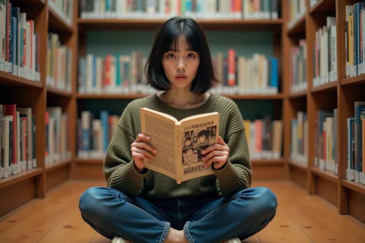 Femme adulte lisant avec anticipation le dernier scan de One Piece dans une bibliothèque manga personnelle