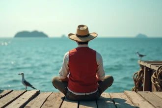 Jeune homme portant un chapeau de paille regardant l'océan depuis un quai en bois, illustrant l'univers de One Piece chapitre 1143