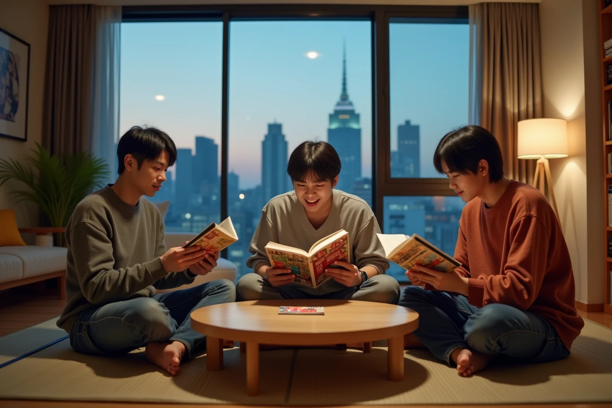 Groupe de fans lisant le scan du chapitre 1155 de One Piece ensemble dans un appartement japonais moderne