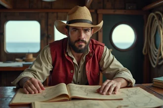 Jeune homme passionné de manga One Piece consultant des cartes nautiques dans une cabine de bateau en bois rustique