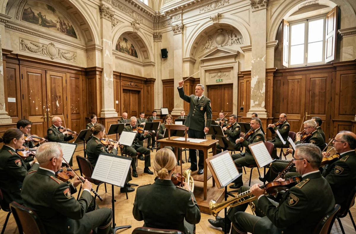 Orchestre militaire français en répétition dans une grande salle de concert historique sous la direction d'un chef