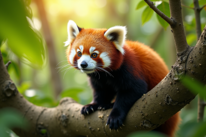 Panda rouge perché sur une branche dans la forêt tropicale