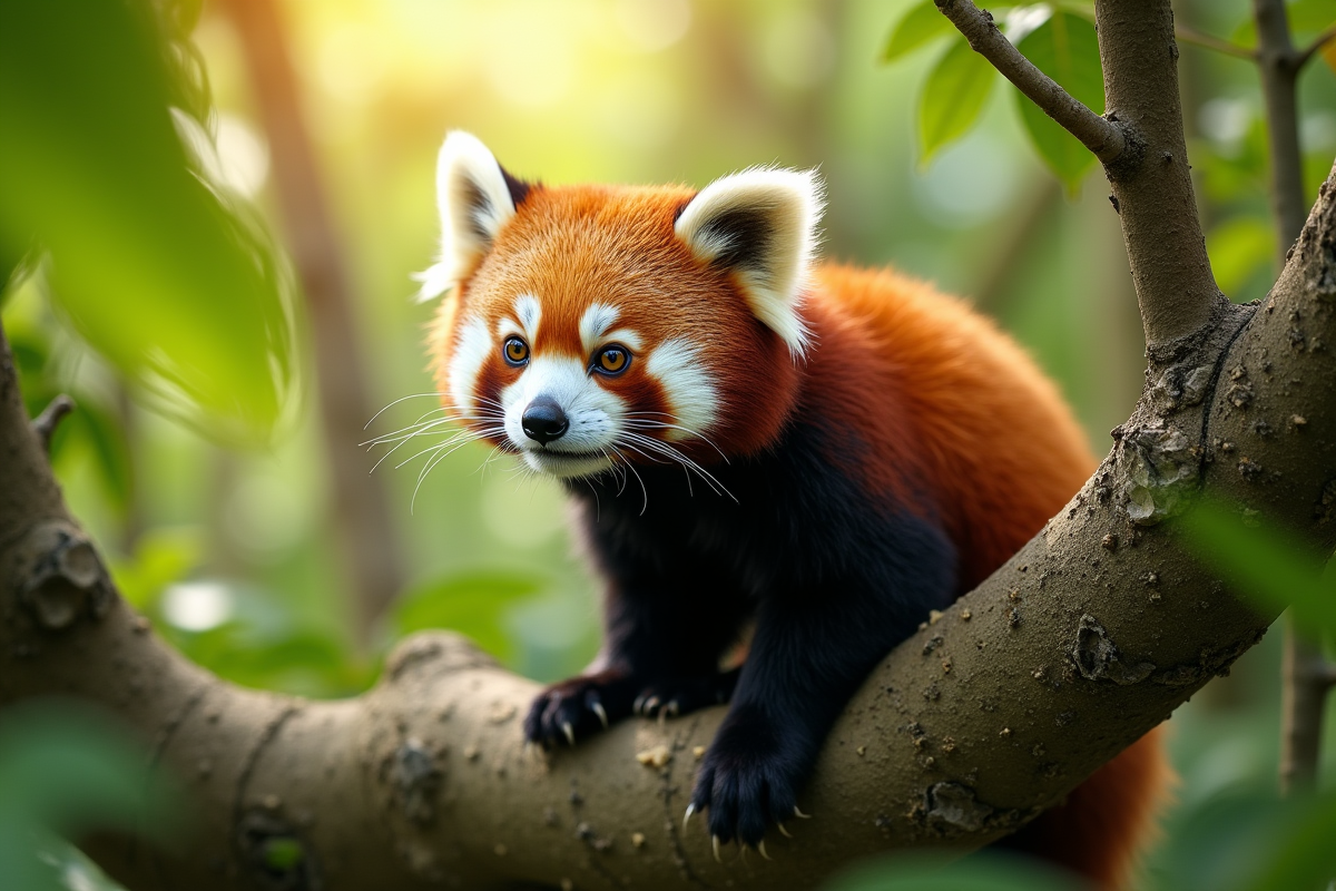 Panda rouge perché sur une branche dans la forêt tropicale