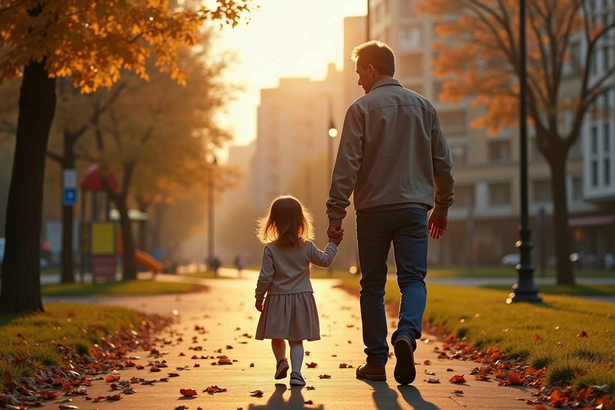 Père et fille marchant dans un parc en fin de journée