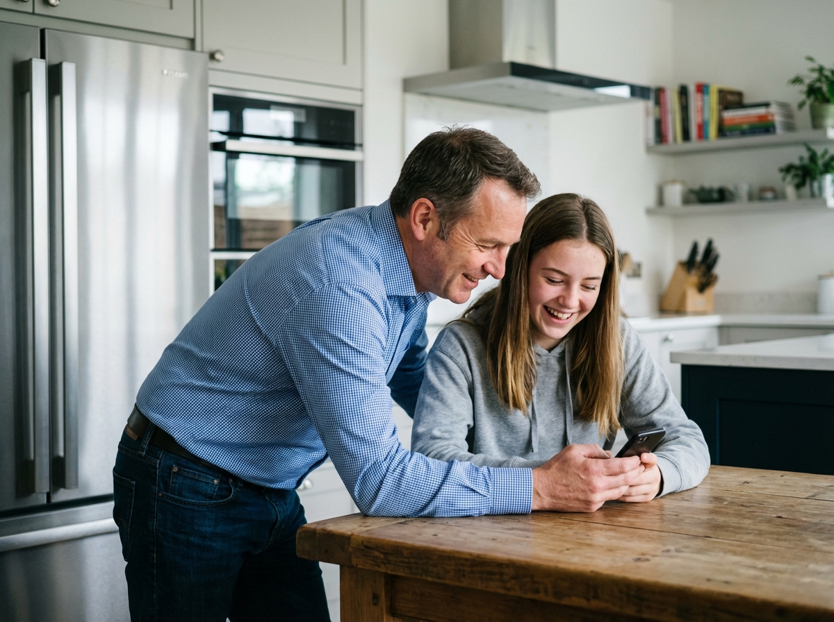 Père et fille regardant un smartphone dans la cuisine
