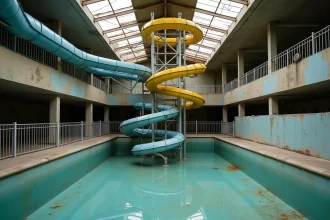 Intérieur abandonné d'un parc aquatique avec toboggans décolorés et bassin vide, illustrant la fermeture de l'Aqualud au Touquet-Paris-Plage