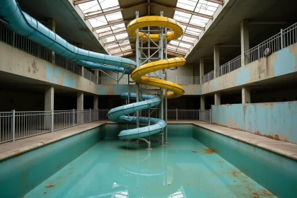 Intérieur abandonné d'un parc aquatique avec toboggans décolorés et bassin vide, illustrant la fermeture de l'Aqualud au Touquet-Paris-Plage
