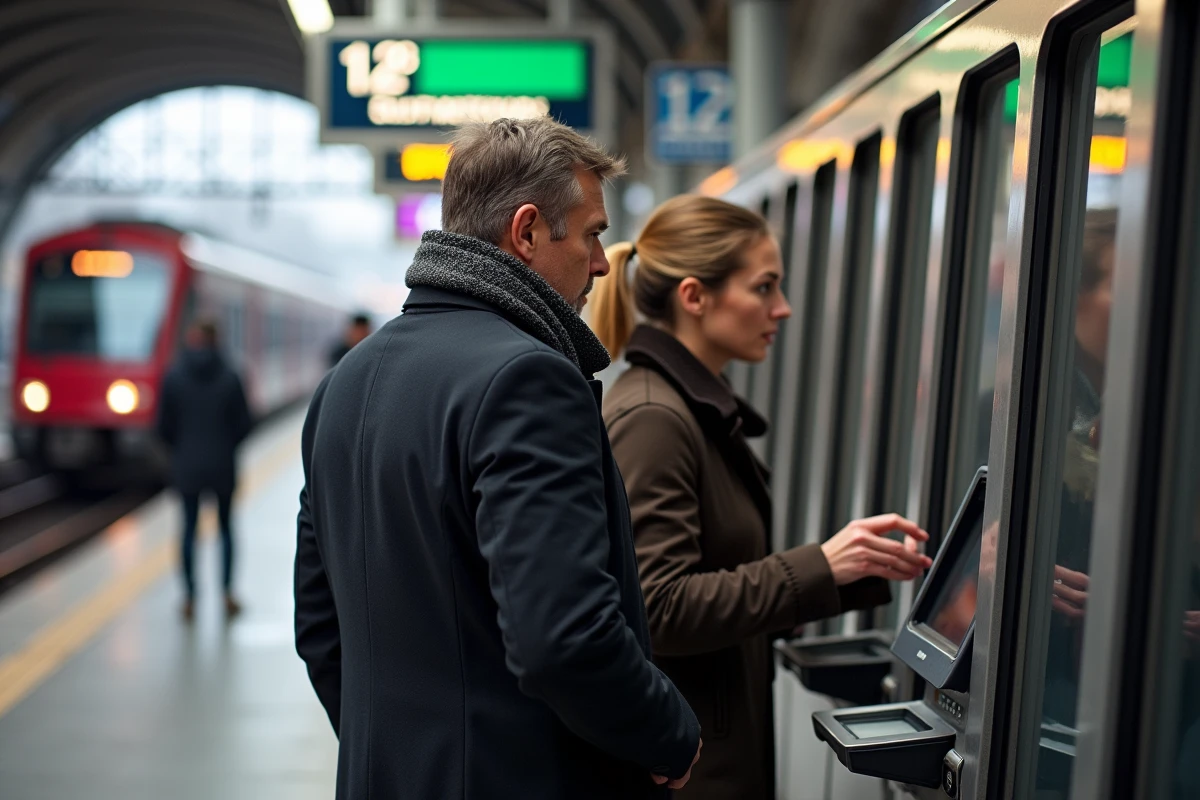 Groupe de voyageurs utilisant une machine ticket dans une gare