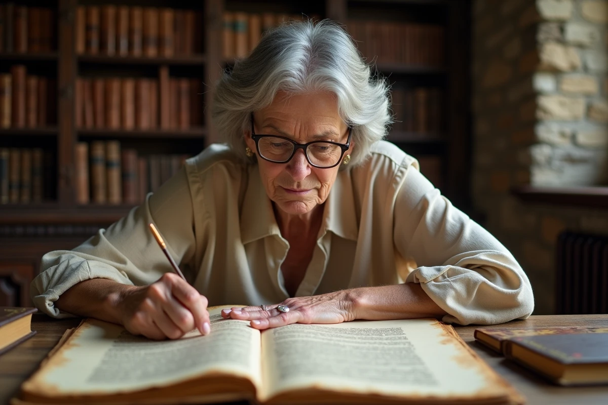 Passionnée d'histoire consultant des manuscrits médiévaux sur les abbayes dans une bibliothèque privée