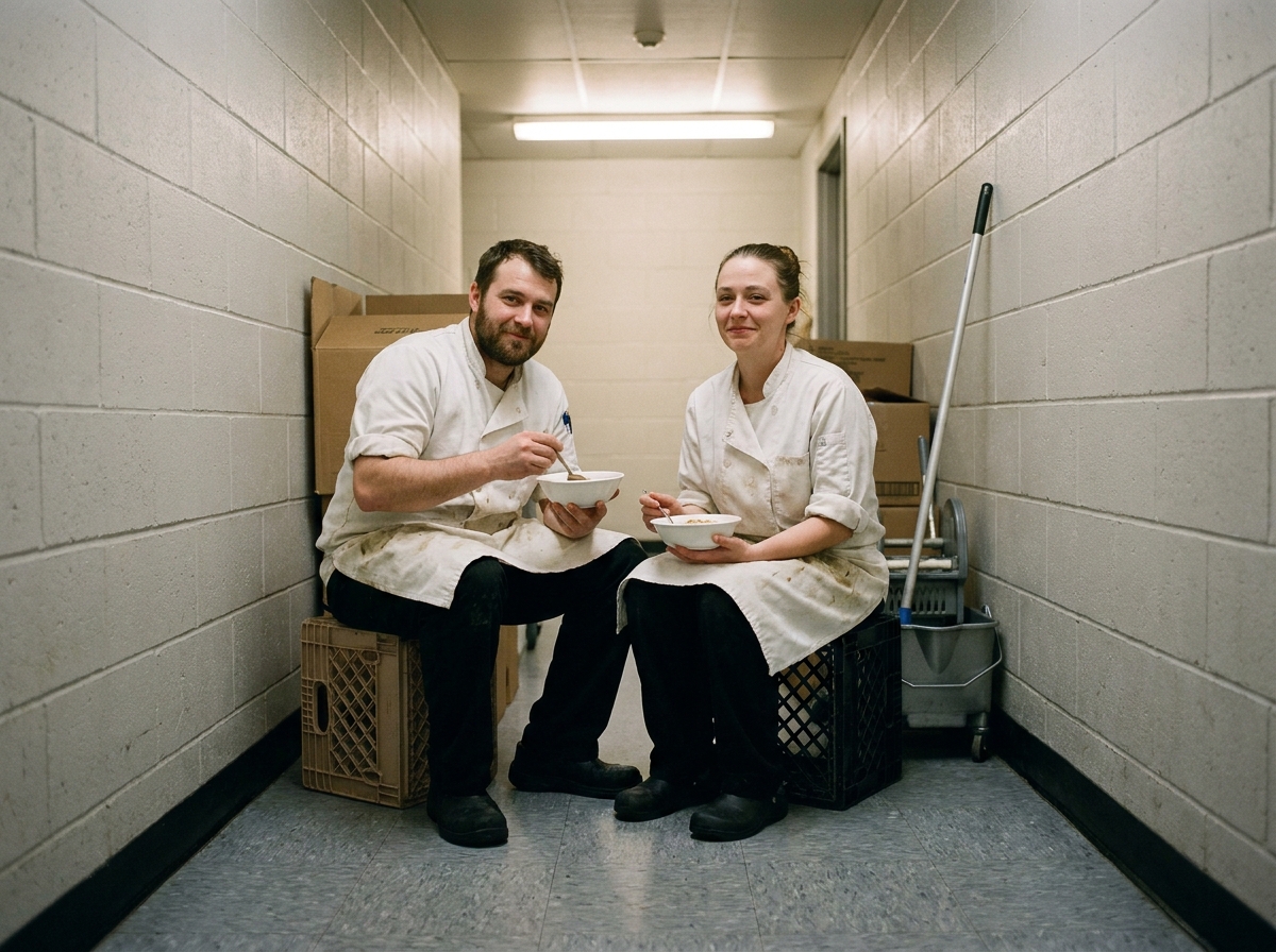 Deux cuisiniers en pause dans un couloir de service, assis sur des caisses, partageant un repas pendant leur service en restaurant