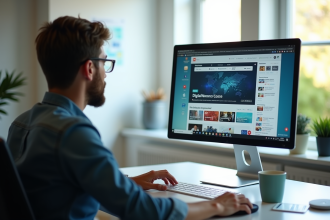 Personne travaillant sur un ordinateur dans un bureau lumineux