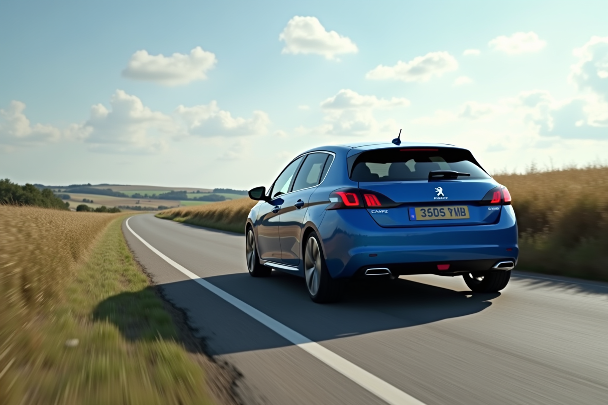 Peugeot 308 bleue roulant en campagne sur une route sinueuse