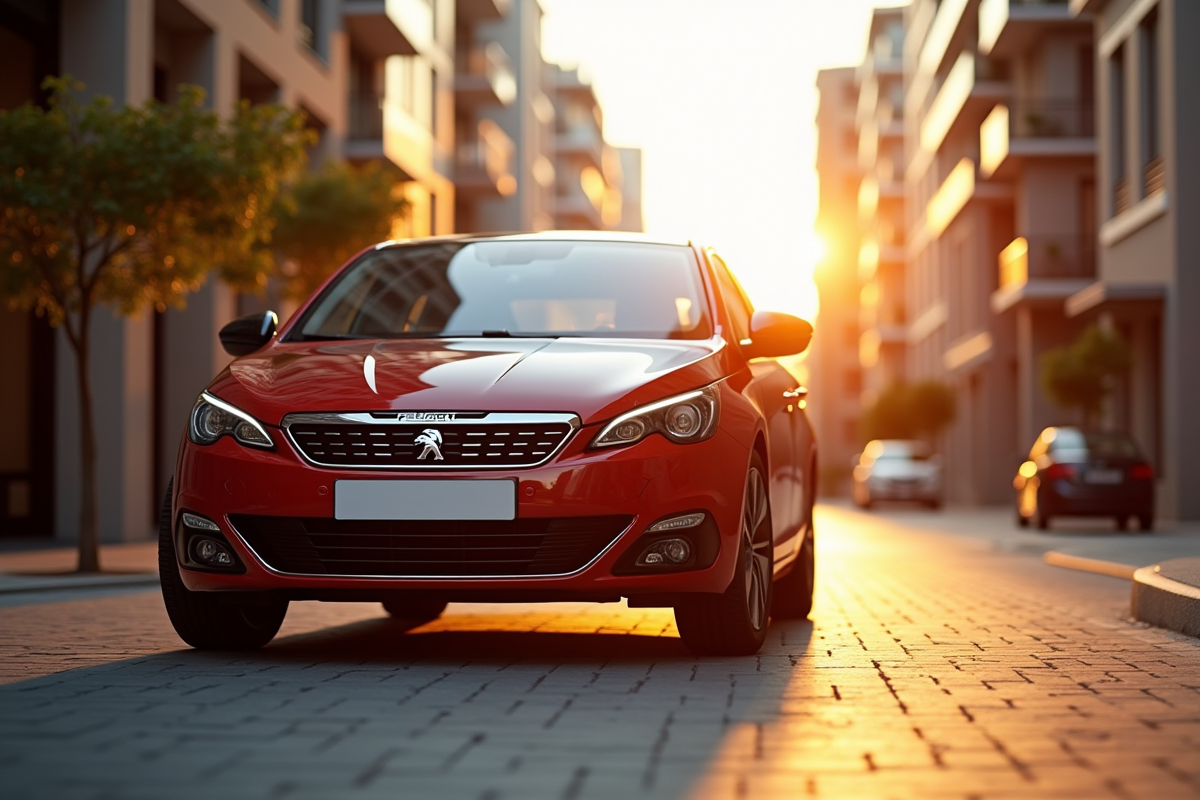 Peugeot 308 moderne stationnee en ville en fin de journee