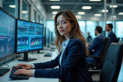 Physicienne quantique femme en laboratoire hightech