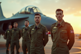 Pilotes de la Royal Air Force avec avion moderne au lever du soleil