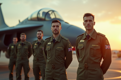 Pilotes de la Royal Air Force avec avion moderne au lever du soleil