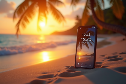 Plage de Martinique au lever du soleil avec smartphone